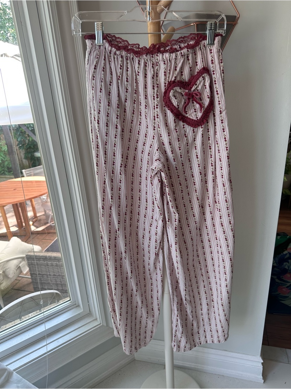 Out from Under - Striped Pink White Lounge Pants Floral Lace Pajama Size XS